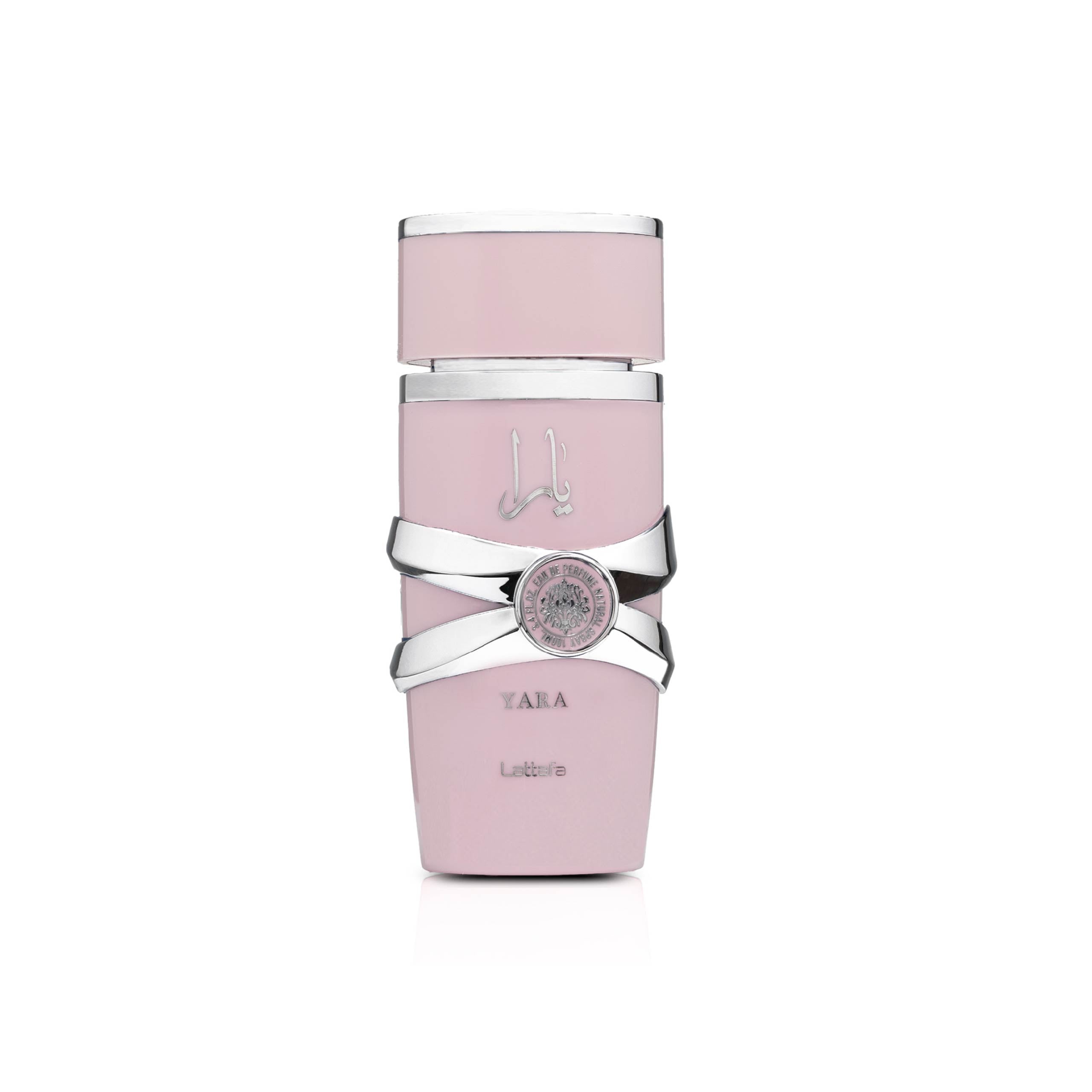 LATTAFA – YARA damesparfumflacon op witte achtergrond met mandarijn, orchidee en vanille – een sensuele en romige geur vol vrouwelijke charme